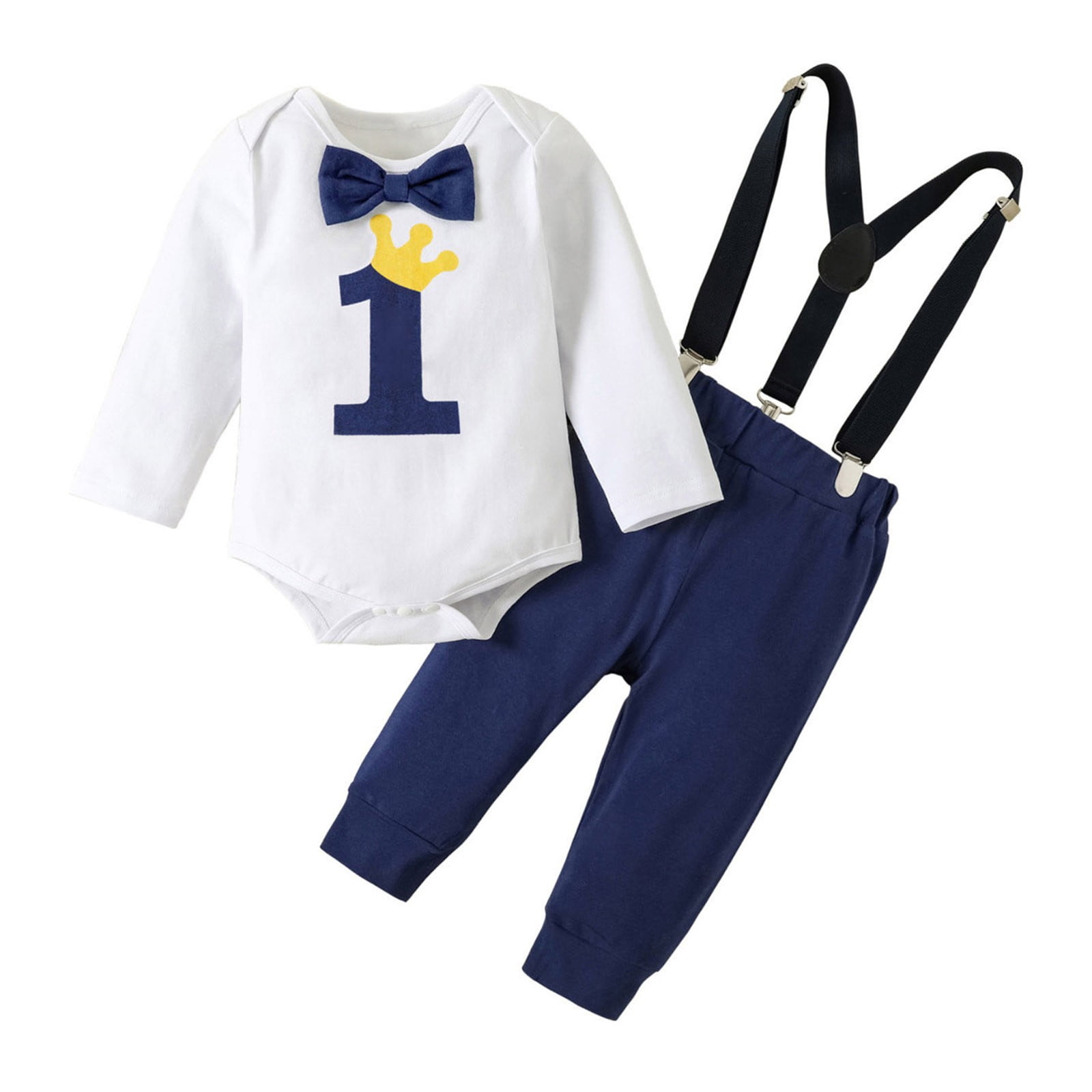 EnJoCho 6 Month Old Baby Clothes Toddler Boy Long Sleeved Letter Printed Bow Tie First Birthday Gentleman's Cotton Suit Children Boy School Home Clothing 9-12Months