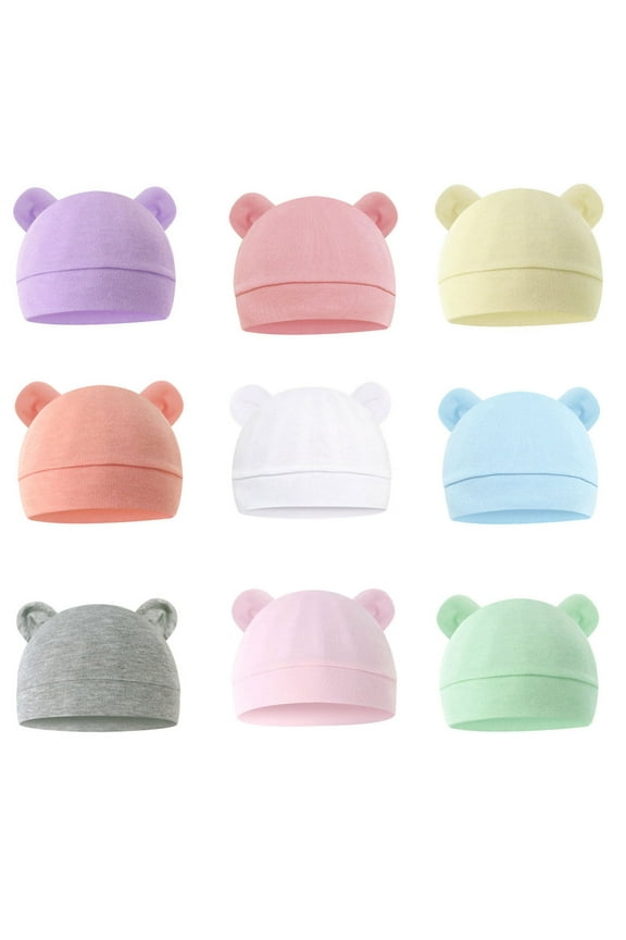 9 Pieces Baby Cotton Hat Solid Bear Ears Caps Baby Boy Girl Toddler Hats Caps for 0 To 6 Months Baby Kids Super Adorable Head Wear Gifts