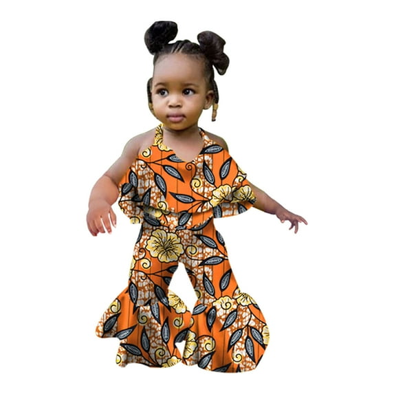 EnJoCho African 𝖱omper Baby Girls Traditional Sleeveless Ruffles Jumpsuit Flare Pants Toddler Dress Clothes Cultural Outfit Festive Celebration Wear