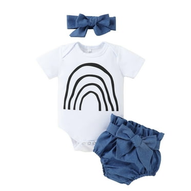 EnJoCho Apparel Short Baby Girls Rainbow Romper+Denim Bow Pants+Headbands Outfits 3PCS Clothes Summer Toddler Girls Trendy Clothing Set 0-6 Months