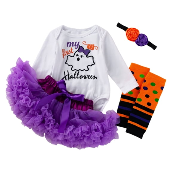 EnJoCho Baby Baby Girl My First Hallow-een Outfit 4Pcs Set Pumpkin Print Romper with Tulle Skirt Headband Leg Warmer Kids 𝖢ostume for Photoshoot Party