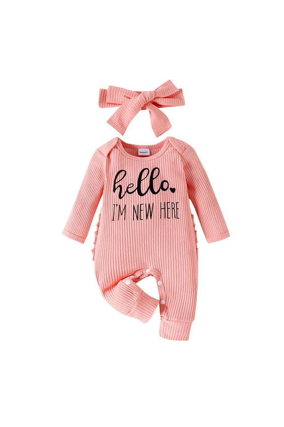 Baby Bodysuit Set with Bow Headband,Adorable New Arrival Letter Print Romper, Soft Cotton Baby Girl Outfit 0-3 Months Photo Ready (Newbron,Pink)