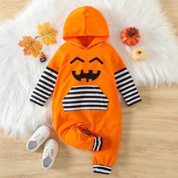 EnJoCho Baby Boys & Girls Halloween Romper Jumpsuit - Long Sleeve Hooded Striped Pumpkin Design Outfit Soft Cotton Kids Toddler Jumpsuit