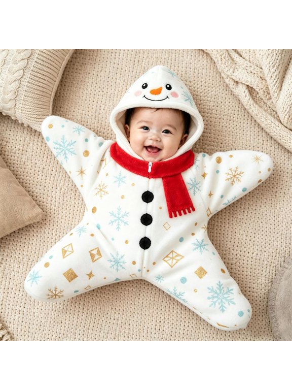 Baby Christmas Jumpsuit Fleece Hooded Star Shape Bodysuit Romper Zipper Warm Winter Outfit Snowman Reindeer Costumđť–ľ for Infant Newborn Holiday