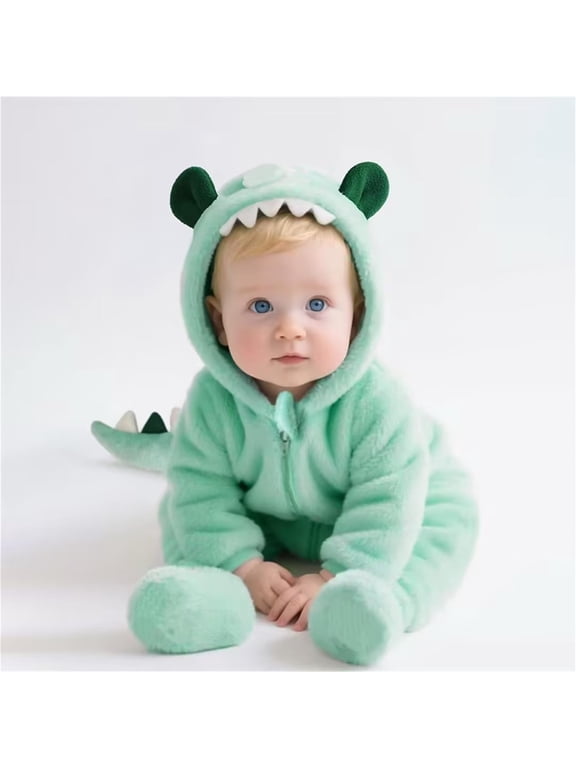 Baby Dinosaur Hooded Plush Romper, Green Animal Jumpsuit with Detachable Booties for Infant Boys Girls Halloween Photos and Prehistoric Playdates