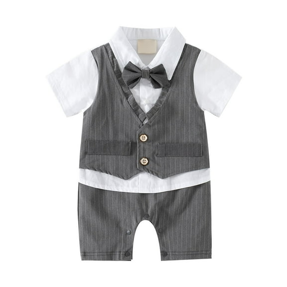EnJoCho Baby Gentleman Party Romper - Linen-Blend Tuxedo Style Bodysuit with Functional Pocket & Detachable Accessories for Special Memories Outfit (6-9 Months,Grey)