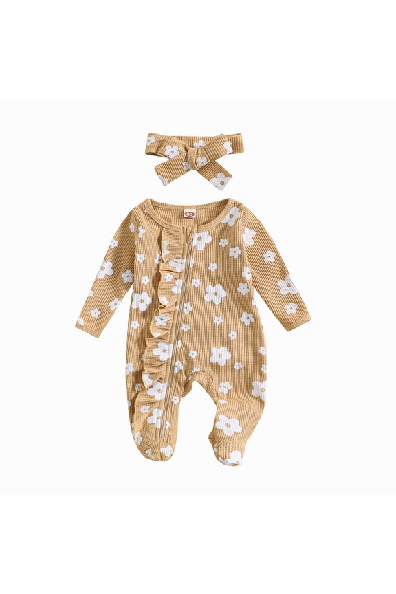Baby Girl Boy Zipper Footed 𝖱omper Bodysuit Ribbed Ru𝖿fle Fall Winter Outfit Footie Jumpsuit Sleep𝗐ear Pajamas Kids Wear 𝖱omper Sleeper Footed Pajamas Comfy Cozy