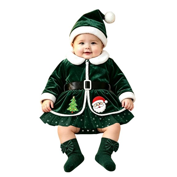EnJoCho Baby Girl Christmas Outfit Velvet Tulle Dress Set Santa Hat Belt Socks Footed Romper Costum𝖾 Holiday Photoshoot Clothes for Infant Newborn