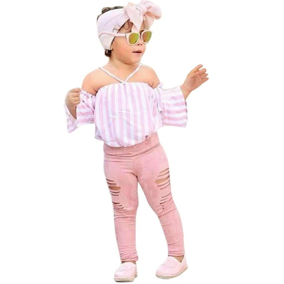 EnJoCho Baby Girl Clothes Package Toddler Kids Girls Off Shoulder Striped T Shirt Tops Hole Long Pants Leggings Headwear 3PCS Outfits Set Little Girl Summer Trendy Clothing Set 2-3 Years