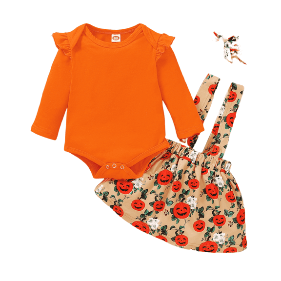 EnJoCho Baby Girl Hallow-een Romper Set - Rufle Long Sleeve Bodysuit with Pumpkin Suspender Skirt Dress, Kids Toddler Party Outfits