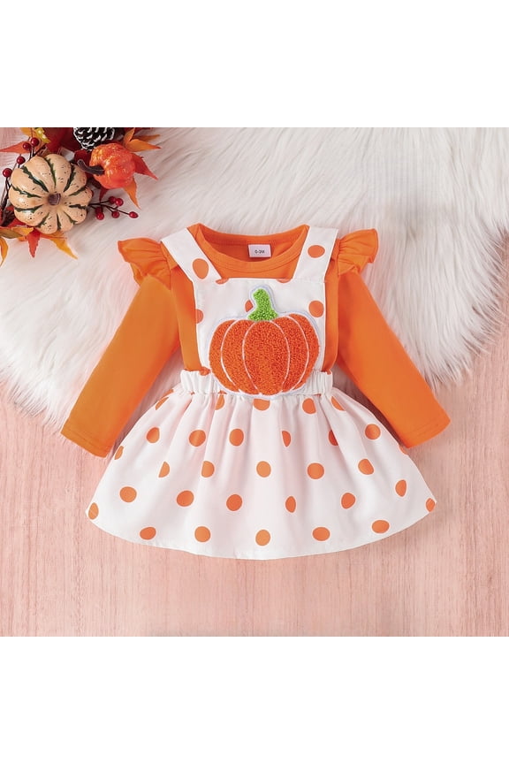 Baby Girl Halloween Dress - Ruffle Romper & Suspender Skirt Set with Pumpkin Witch Embroidery, Fuzzy Fall Outfit