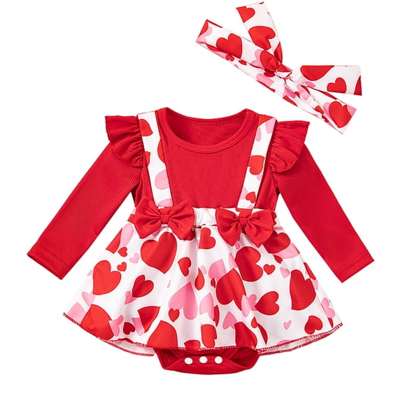 EnJoCho Baby Girl Valentines Day Outfit Heart 𝖱omper Dress Ribbed Ru𝖿fle Skirt Jumpsuit Headband Fall Clothes Thanksgiving Holiday Seasonal Dress Photoshoot