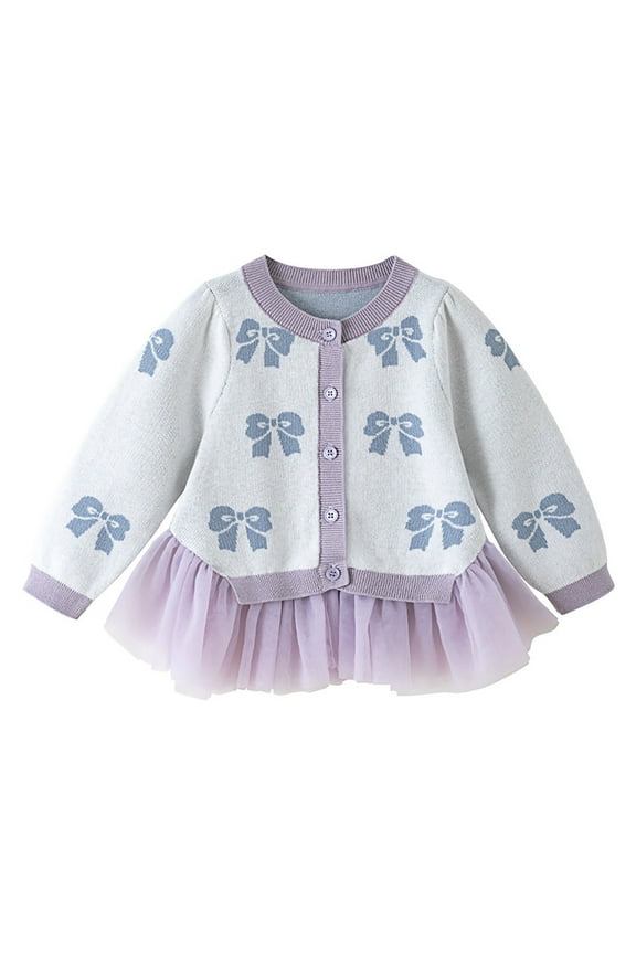 Baby Girls Bow Knit Cardigan Sweater Toddler Cute Tulle Tutu Skirt Sweaters Kids Button Down Knitted Cardigans Fall Children’s Ribbed Cardigan Jacket