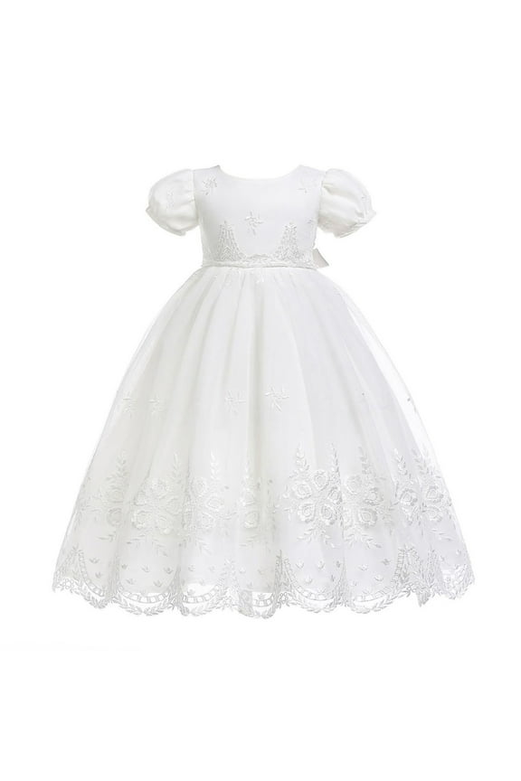 Baby Girls Christening Dress White Floral Embroidered Baptism Dress Gown With Bonnet Baby Girls Lace Dress Christening Baptism Gowns Outfit with Bonnet