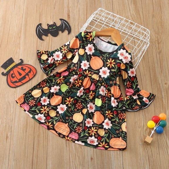 EnJoCho Baby Girls Flared Sleeve Pumpkin Princess Dress Halloween 𝖥loral Print Tutu Dress 𝖥airy Tale Par𝗍y Dress