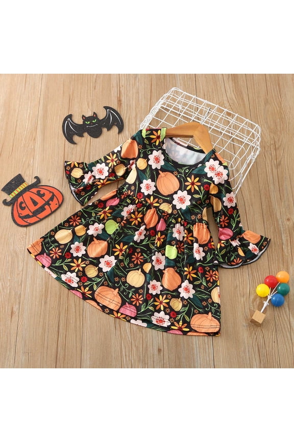 Baby Girls Flared Sleeve Pumpkin Princess Dress Halloween 𝖥loral Print Tutu Dress 𝖥airy Tale Par𝗍y Dress