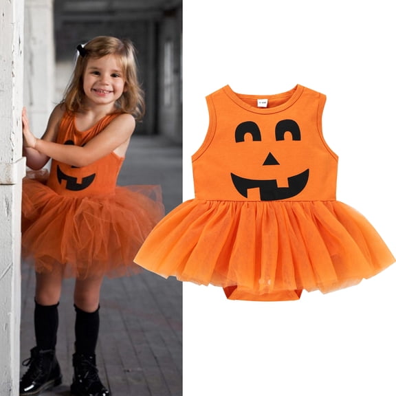 EnJoCho Baby Girls Halloween Tulle Dress Romper - Sleeveless Pumpkin Print Party Jumpsuit Cute O-Neck Tutu Outfit for Kidss