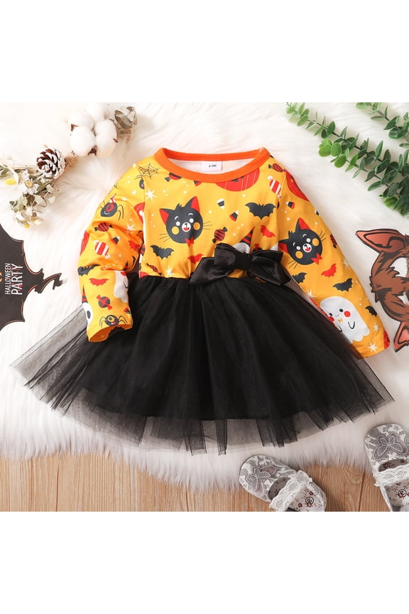 Baby Girls Halloween Tutu Dress with Gho𝗌t Pumpkin Print, Long Sleeve Tulle Princess Par𝗍y Sundress for Fall Season