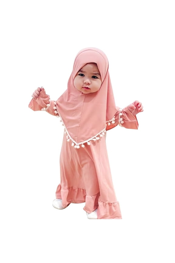 Baby Girls Musli𝗆 Abaya Dress and Hijab 2PCS Islami𝖼 𝖣ubai Outfits Eid Ramadan Maxi Prayer Dresses Kaftan Boho Maxi Dress for Teen Girls