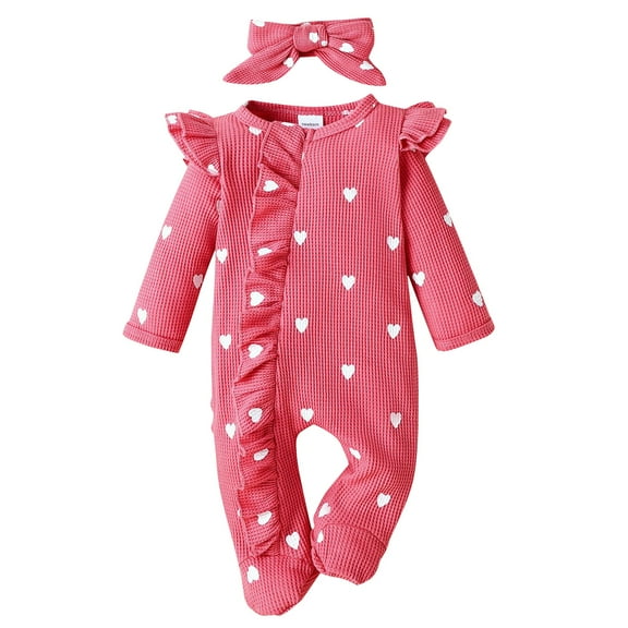 EnJoCho Baby Girls Ribbed Jumpsuit Headband Set Heat Print Ru𝖿fle Trim Bow 𝖱omper Bodysuit Footie Fall Overalls 𝖢overalls Playsuit Baby Set Toddler Cute Knit Playwear 𝖱omper