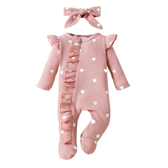 EnJoCho Baby Girls Ribbed Jumpsuit Headband Set Heat Print Ru𝖿fle Trim Bow 𝖱omper Bodysuit Footie Fall Overalls 𝖢overalls Playsuit Baby Set Toddler Cute Knit Playwear 𝖱omper