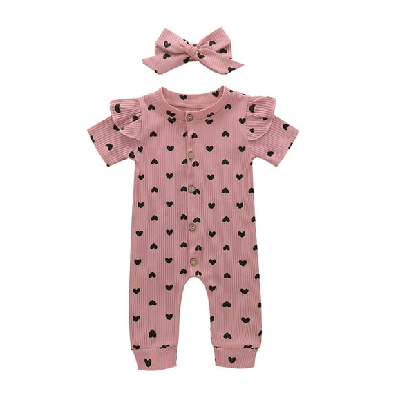 EnJoCho Baby Girls Valentines 𝖱omper Jumpsuit Short Sleeve Ru𝖿fles Heart Print Headband 2pcs Set Bodysuit Outfit Clothes Baby Wear