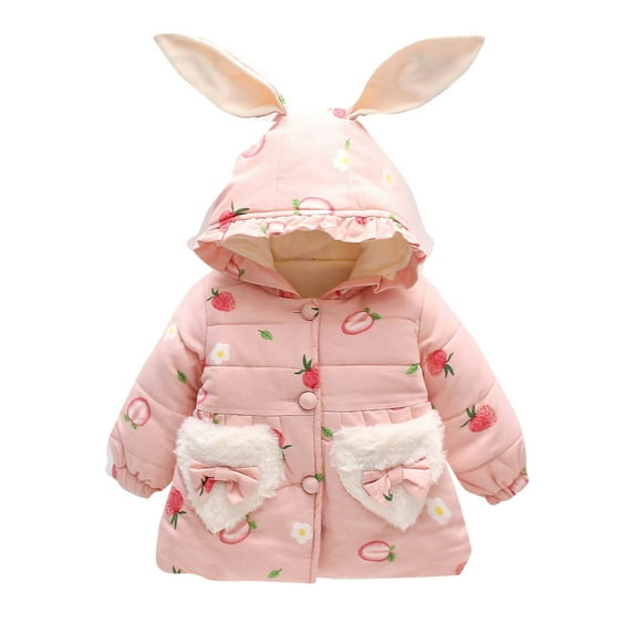 EnJoCho Baby Girls Winter Bun𝗇y Ear Hooded Jacket Bow Bag Set Toddler Strawberry Print Thick Warm Puffer Down Coat Outerwear Parka Snowsuit
