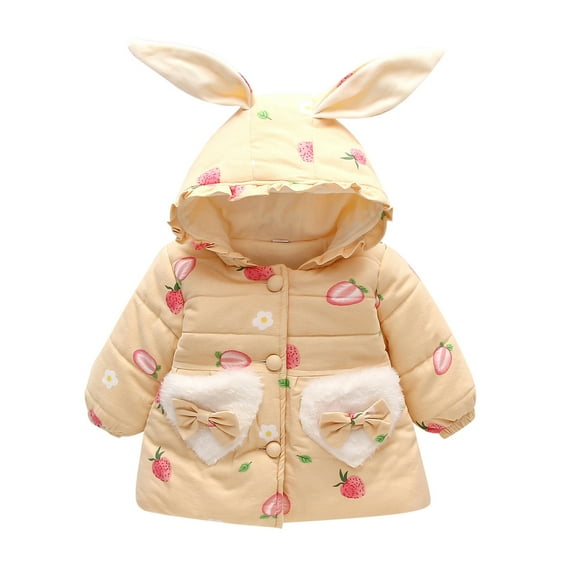 EnJoCho Baby Girls Winter Bun𝗇y Ear Hooded Jacket Bow Bag Set Toddler Strawberry Print Thick Warm Puffer Down Coat Outerwear Parka Snowsuit
