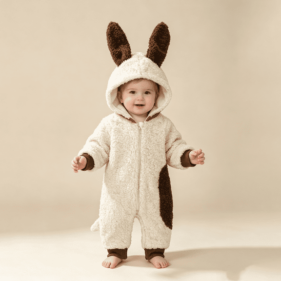 EnJoCho Baby Hooded Sherpa Puppy Jumpsuit, 3D Dog Ear Fleece Romper with Full Zipper and Rib Cuffs for Unisex Infant Baby Boys Girls Fall Winter Play Soft Warm Cozy