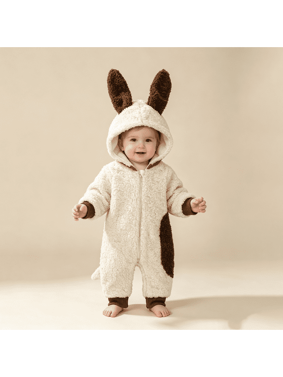 Baby Hooded Sherpa Puppy Jumpsuit, 3D Dog Ear Fleece Romper with Full Zipper and Rib Cuffs for Unisex Infant Baby Boys Girls Fall Winter Play Soft Warm Cozy