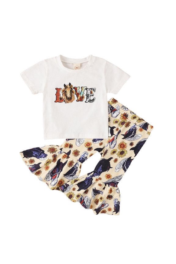 Baby Outfits Unisex Toddler Girls Sunflower Western Horse Clothes Set Short Sleeve Top and Flared Pants 2pcs Outfits Fall Clothes Summer Trendy Clothes Baby Girl Birthday Vacation Outfit