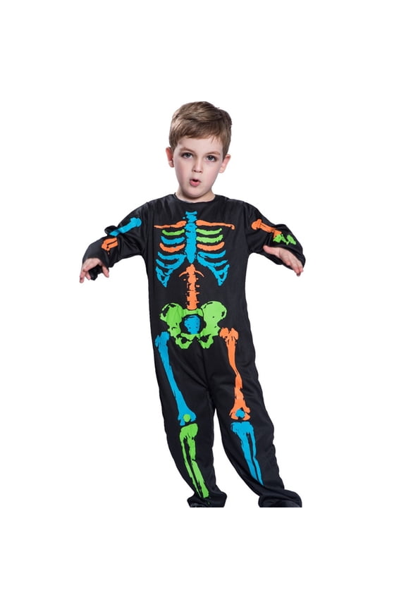 Baby Skeleton Jumpsuit - Cavegirl Print Zip-Up Romper Jumpsuit with Rib Cage Design for Halloween & Autumn Holiday Parties