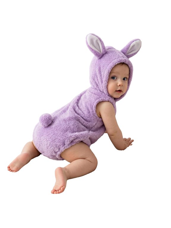 Baby Sleeveless Plush Bunny Romper, Hooded Bubble Bodysuit with 3D Ears and Pom Tail for Newborn Infant Baby Girls Photoshoot Holiday Dress-up Soft Warm Cozy