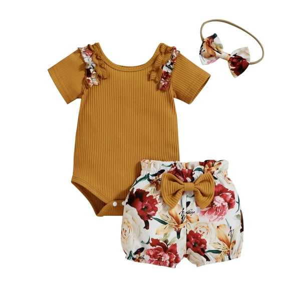 EnJoCho Baby Sport Bodysuit Girls Ruffles Short Sleeve Ribbed Romper Bodysuits Bowknot Floral Printed Shorts Headbands Outfits Toddler Kids Trendy Princess Bodysuit Outfit