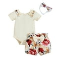 thumbnail image 1 of EnJoCho Baby Sport Bodysuit Girls Ruffles Short Sleeve Ribbed Romper Bodysuits Bowknot Floral Printed Shorts Headbands Outfits Toddler Kids Trendy Princess Bodysuit Outfit, 1 of 9