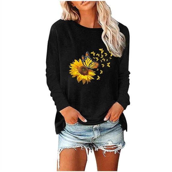 EnJoCho Basic Tops Women's Fashion Casual Sunflower Butterfly Print Round Neck Long Sleeve Top T Shirt Casual Plus Size Blouse Going Out 2024 Trendy Active Wear Tops