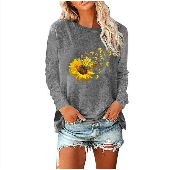 EnJoCho Basic Tops Women's Fashion Casual Sunflower Butterfly Print Round Neck Long Sleeve Top T Shirt Casual Plus Size Blouse Going Out 2024 Trendy Active Wear Tops