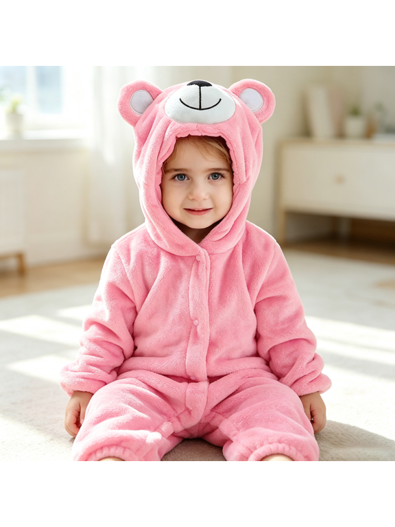 Bear Hooded Button-Front Fleece Romper for Baby Girls Boys 3D Bear Face Footless Warm Snap Jumpsuit for Baby Girls Boys Fall Winter Snuggling Soft Plush Warm
