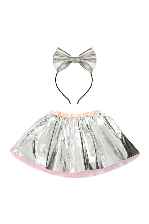 Big Baby Girls' Metallic Dance Skirt Triple Layer Shiny Dance Skirt with Bow Hair Clip Kids Girls Ballet Skirts Party Tulle Dance Skirt Bow Hairband Set Sweet Tulle Skirt