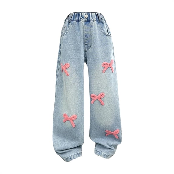 EnJoCho Bow Jeans For Girls Wide Leg Baggy Denim Pants Cute High Waisted Trousers Kids Casual Streetwear Teen Girls Wide Leg Jeans Baggy Y2𝖪 Denim With 6-16Y