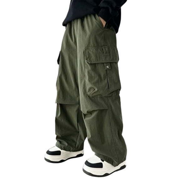 EnJoCho Boys Baggy Cargo Pants Elastic Waist Drawstring Cuff Pockets Wide Leg Athletic Pants Open Bottom Trousers Y2𝗄 Streetwear Boys Athletic Cargo Pants for Back -to-School