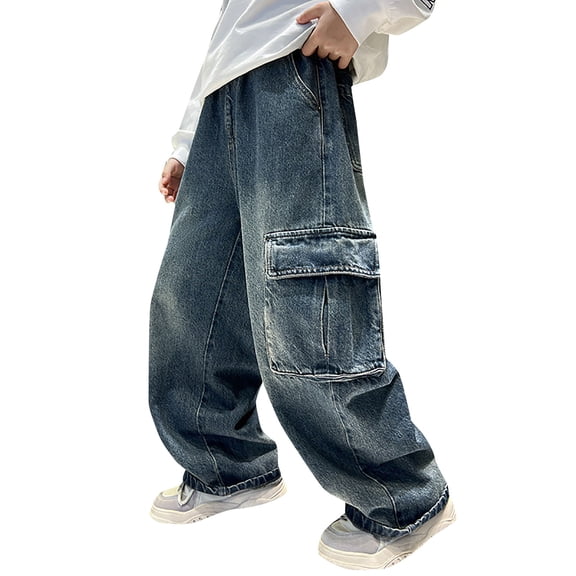 EnJoCho Boys Baggy Cotton Denim Jeans Cargo Pants Elastic Waist Straight Leg Casual Loose Fit Trousers with Pockets for Kids 6-14 Years Relaxed Stretch Comfortable Jeans Pants