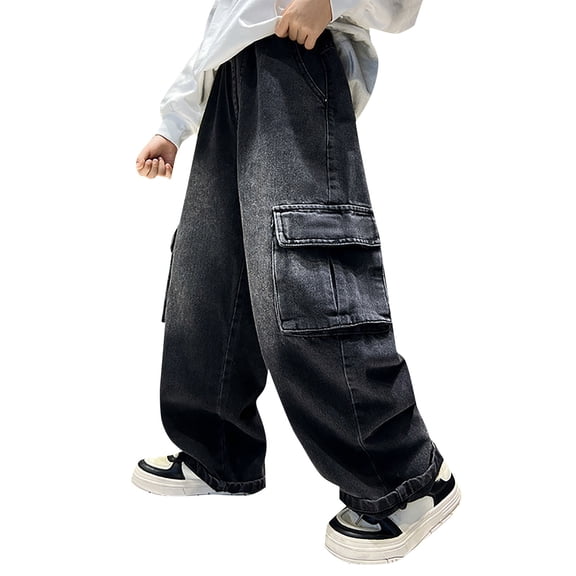 EnJoCho Boys Baggy Cotton Denim Jeans Cargo Pants Elastic Waist Straight Leg Casual Loose Fit Trousers with Pockets for Kids 6-14 Years Relaxed Stretch Comfortable Jeans Pants