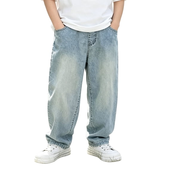 EnJoCho Boys Baggy Jeans Elastic Waist Straight Wide Leg Denim Pants Kids Teen Vintage Distressed Streetwear Jeans Fashion Trousers Boys Jeans Casual Back-to-School