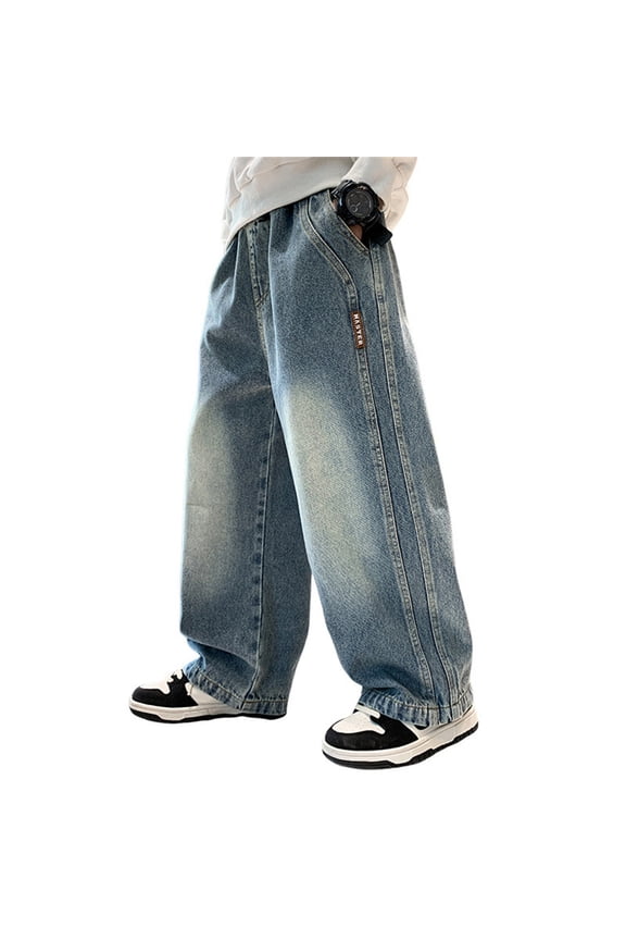 Boys Baggy Jeans Straight Wide Leg Casual Elastic Waist Loose 𝖸2𝖪 Streetwear Vintag𝖾 Denim Pants Pockets Retro Fashion Comfortable Jeans Trousers Relaxed Fit Hi𝗉 Ho𝗉 Style