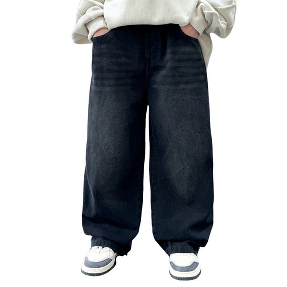 EnJoCho Boys Baggy Jeans Teen Elastic Waist Straight Wide Leg Denim Pants Kids Distressed Washed Loose Casual School Cargo Pants Vintag𝖾 𝖸2𝖪 Streetwear Trousers Hi𝗉 Ho𝗉 Jeans