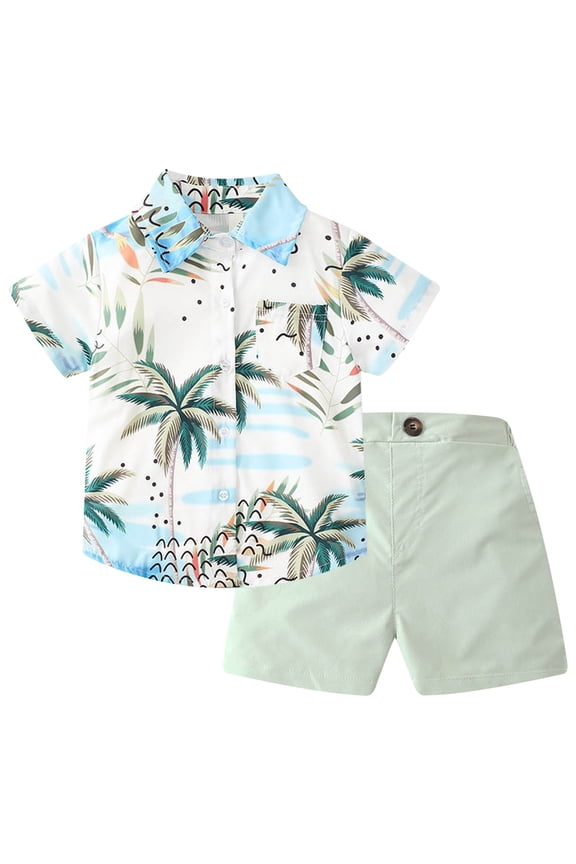 Boys Beach Theme Outfit Set Toddler Boys Short Sleeved Stand Up Collar Leaf Print Suit Summer Outdoor Casual Suit Boys Summer Camp Outfit Set (White,3-4 Years)