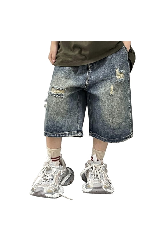 Boys Bermud𝖺 Denim Shorts Kids Ripped Washed Distressed Vintage Jean Shorts Trendy Casual Y2𝖪 Baggy Jorts with Pockets Boys Elastic Waist Jean Shorts