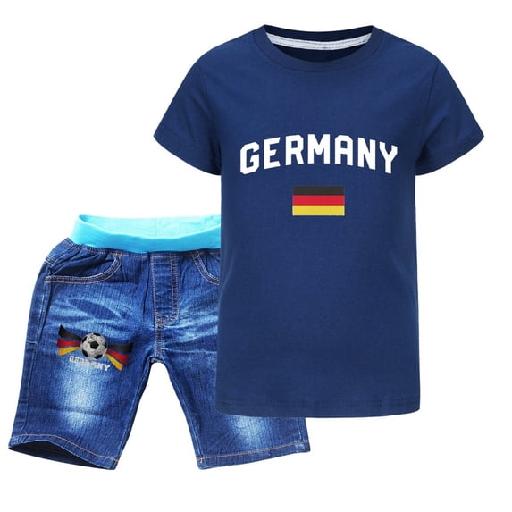 EnJoCho Boys' Casual Summer Ensemble Children's Sportswear T Shirt + Jeans Football Print Germany Boys Sweatsuit Boys Easter Trendy Printed Shorts Set (Brown,4-5 Years)