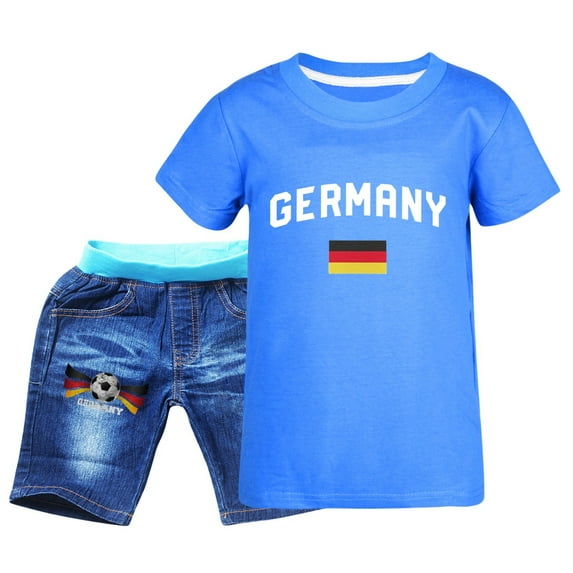 EnJoCho Boys' Casual Summer Ensemble Children's Sportswear T Shirt + Jeans Football Print Germany Boys Sweatsuit Boys Easter Trendy Printed Shorts Set (Gray,7-8 Years)